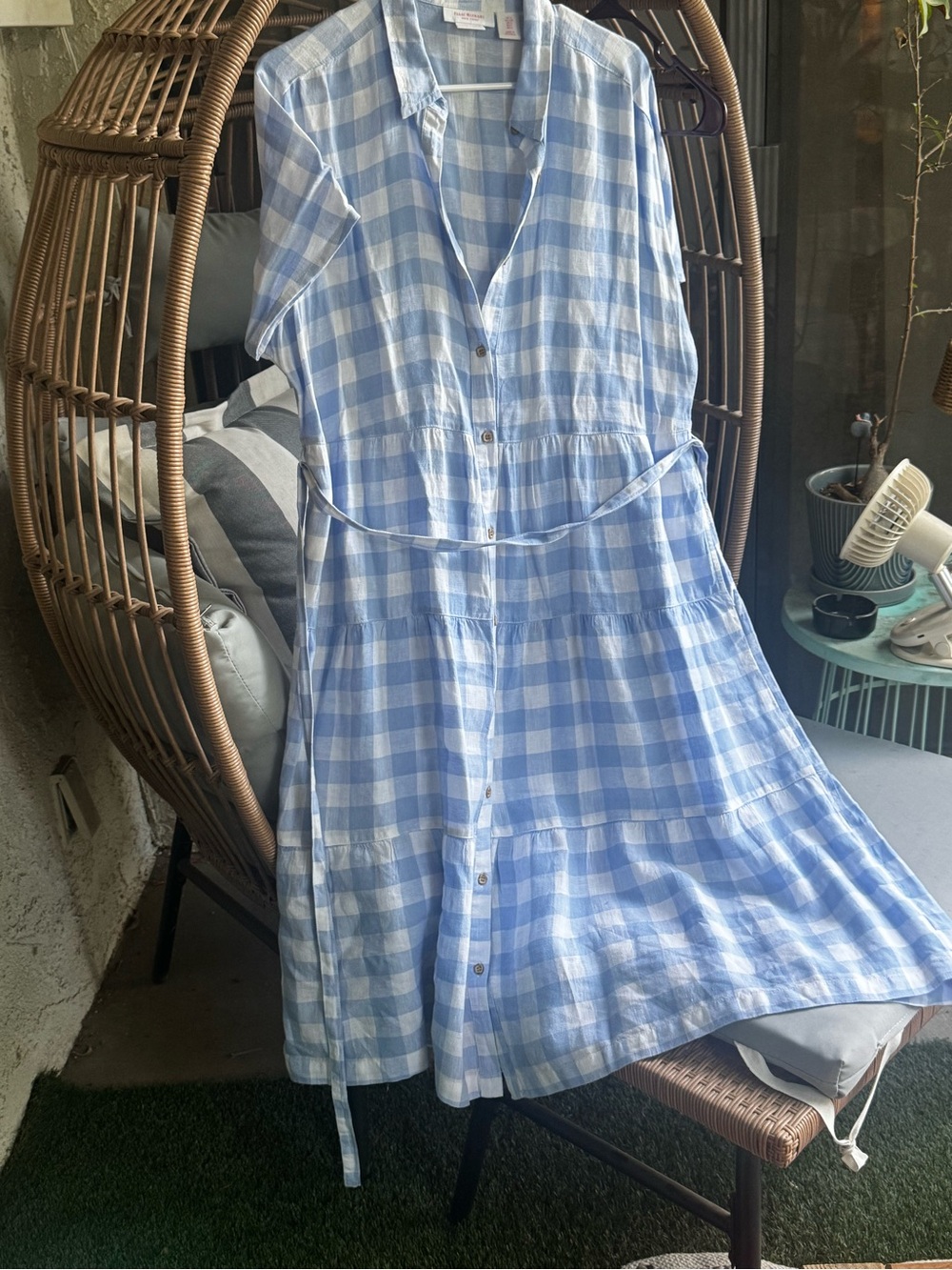 100% Linen Isaac Mizrahi Blue & White Plaid Classic Maxi Dress Sz L EUC